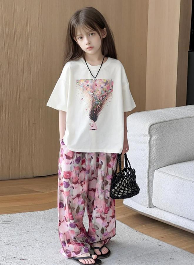 Take Two Girls Graphic Print T-Shirt And Wide Leg Pants Set - Image 2
